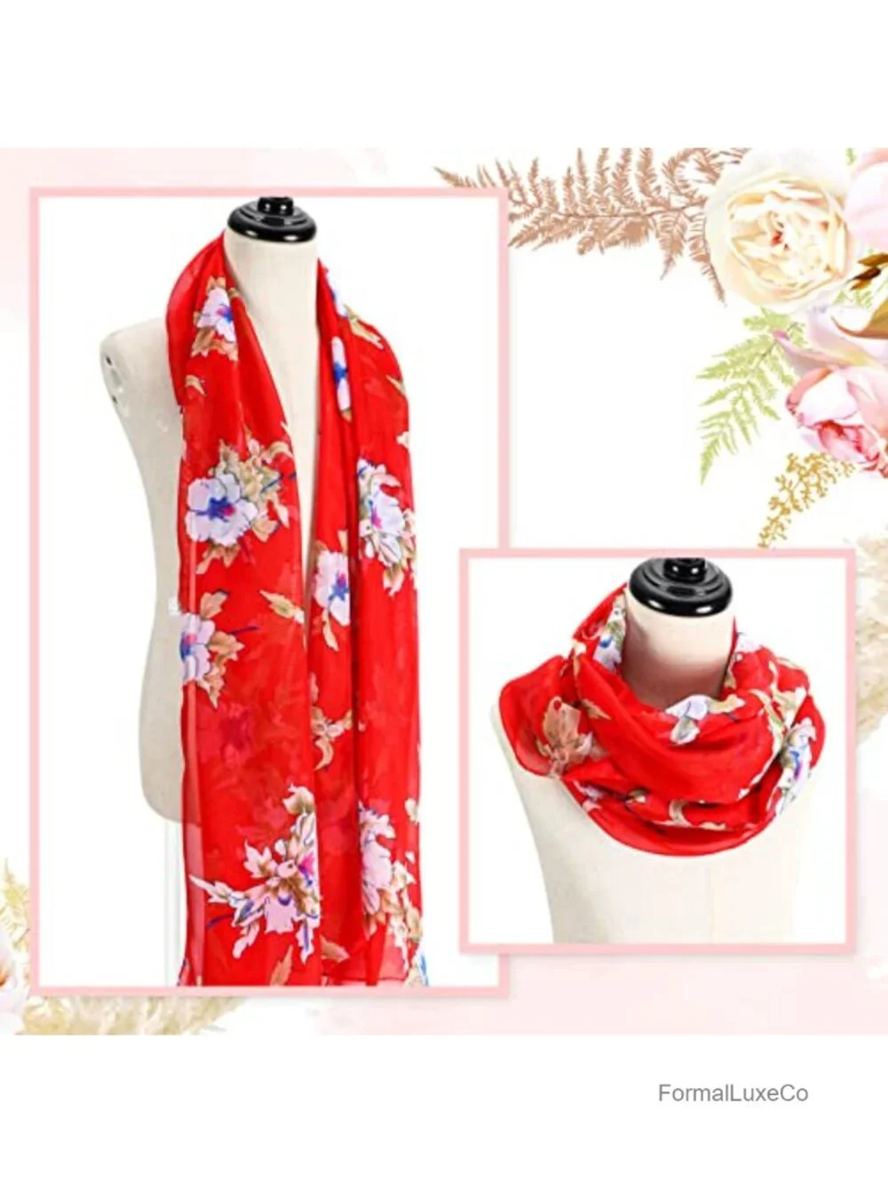 6 Pack Lightweight Floral Print Scarf Set Long Thin Silk Touch Shawl